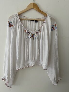 Boho Embroidered Peasant Top White Floral Tie Front Blouse Small Cottagecore